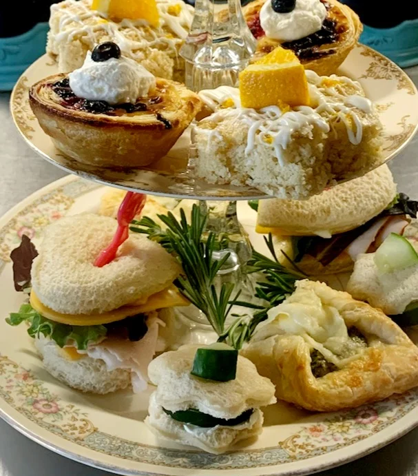 Tea Tier with pastries, sandwiches and scones 