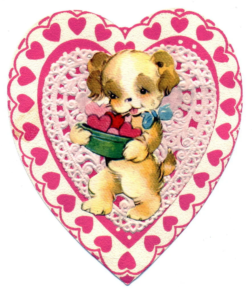 A cartoon puppy holding a bowl of hearts