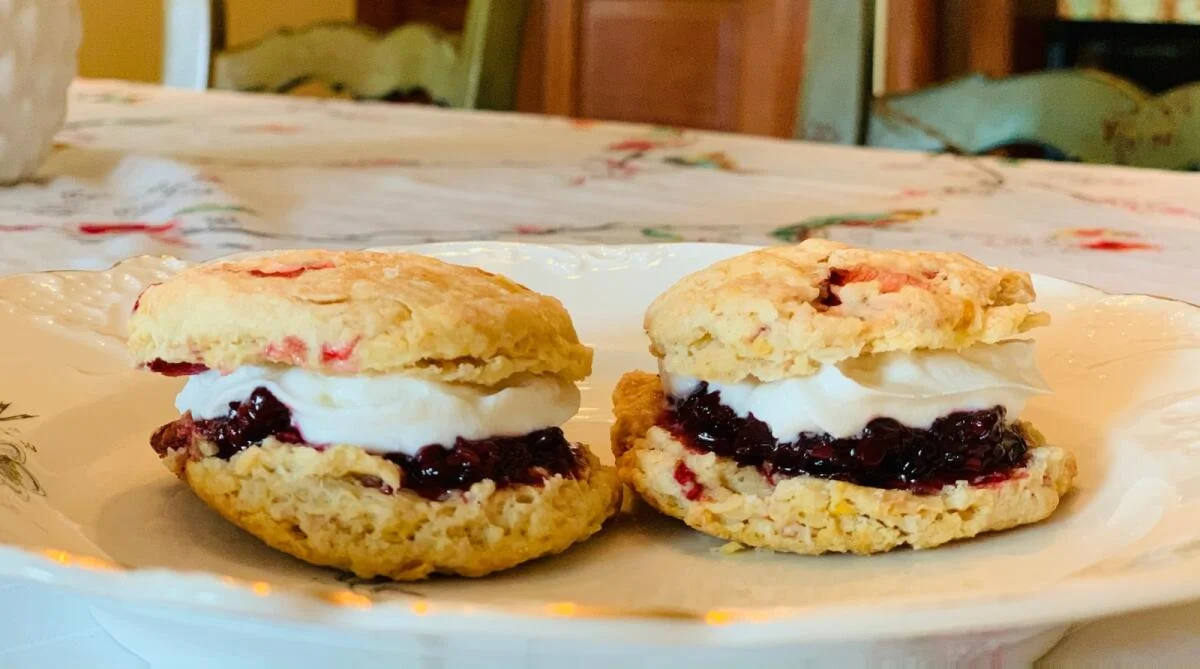Strawberry scones with homemade cream and jam