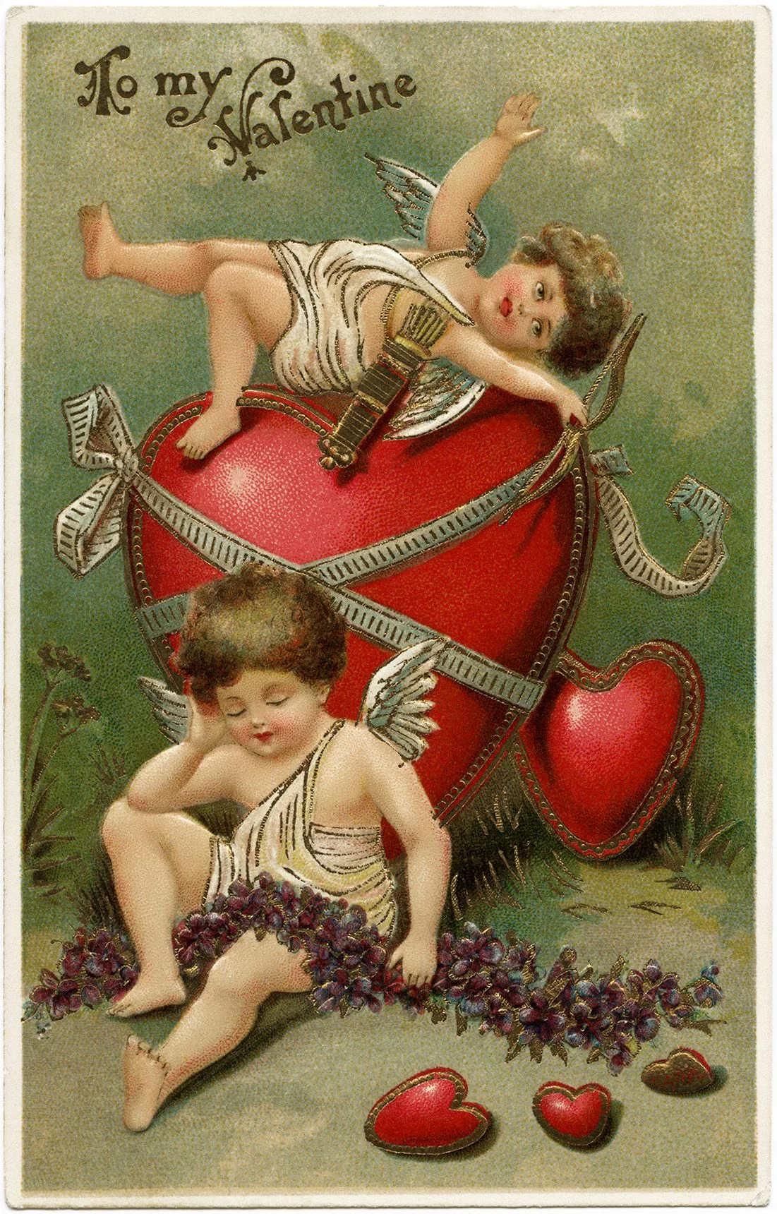 2 cherubs pictured with a heart.  One cherub laying on top of heart, the other sitting